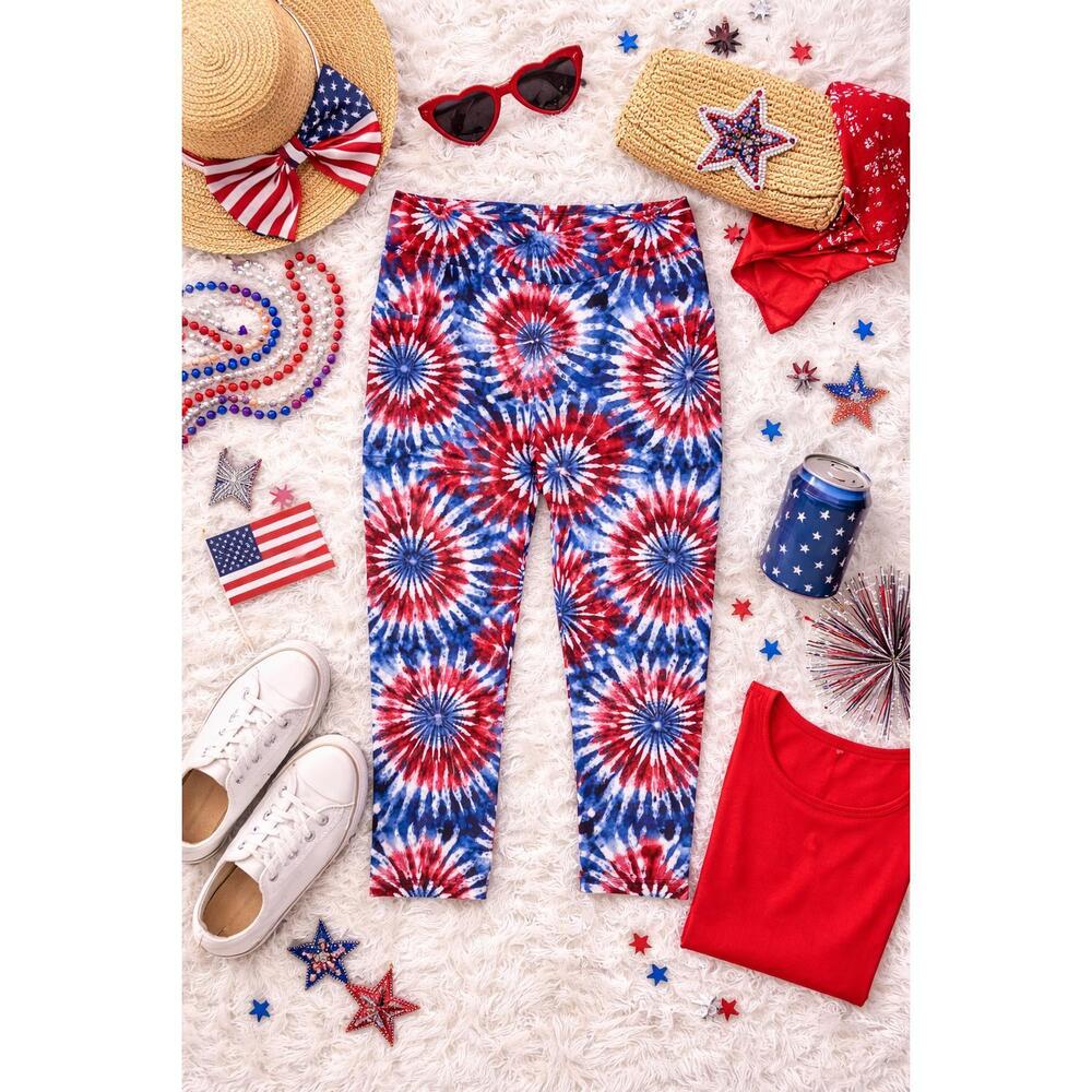 NEW JULIA ROSE women's patriotic tie dye capri leggings in blue/ red